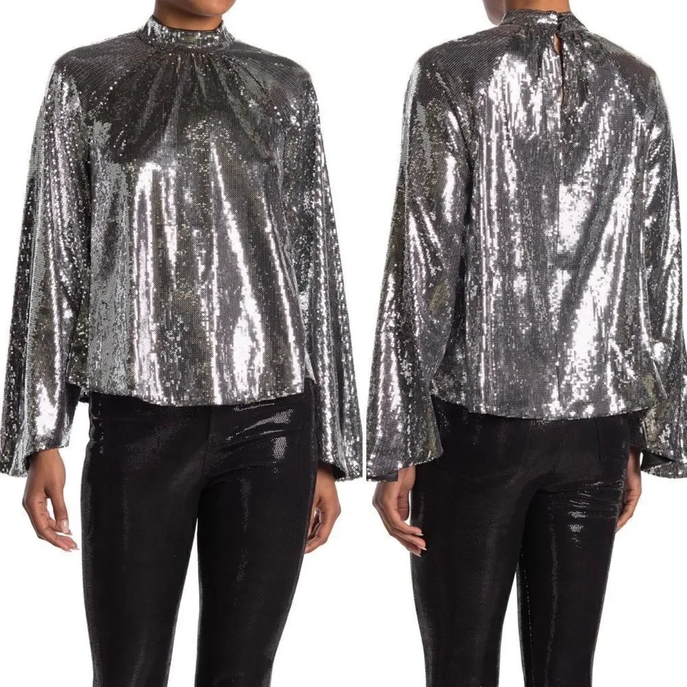 RtA Tennessee Peasant Silver Sequin Bell Sleeve Top Sz XS NWT - Picture 3 of 16